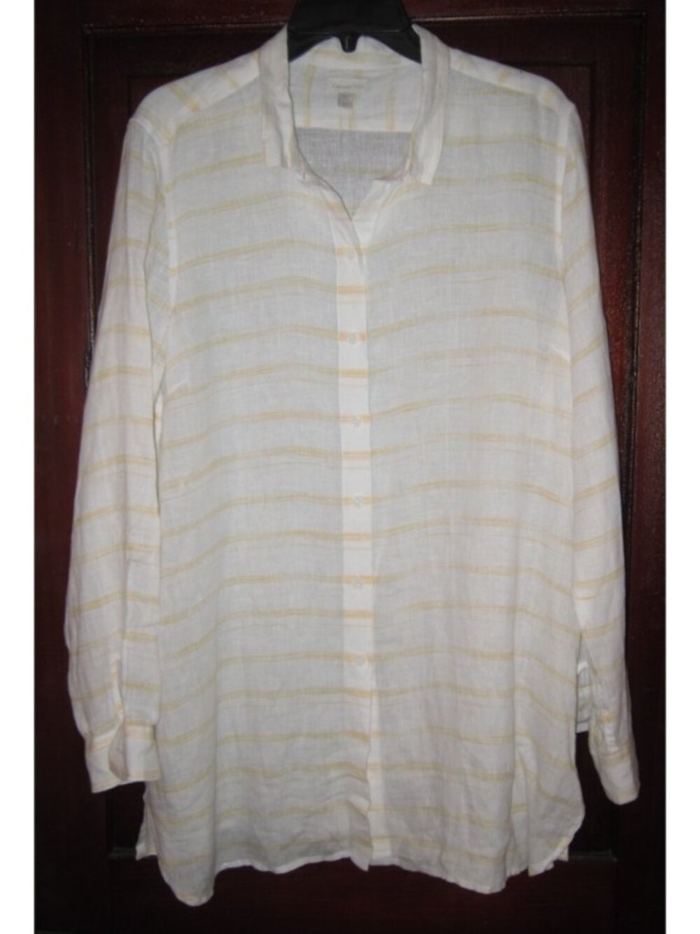 Garnet Hill PL Button Shirt Tunic Top Blouse 100% Linen Long Yellow White Stripe